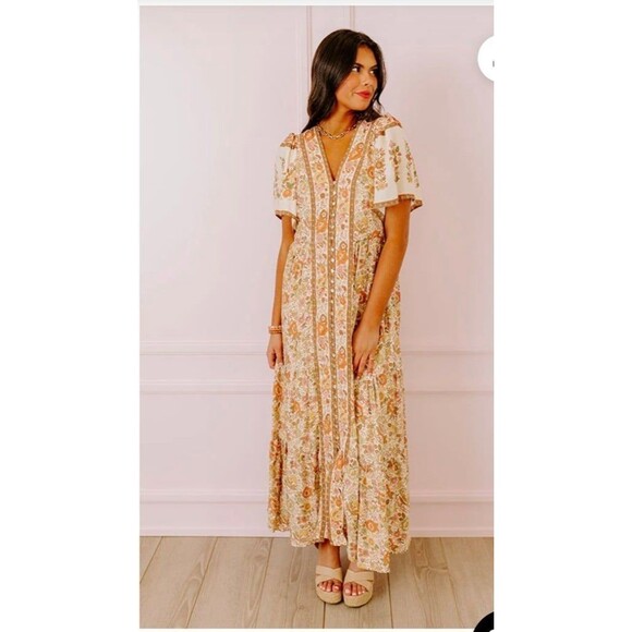 In Loom Boho Floral Midi Dress Cottage Core Dress Prarie Soho Beige Multi Sz S - Picture 3 of 12